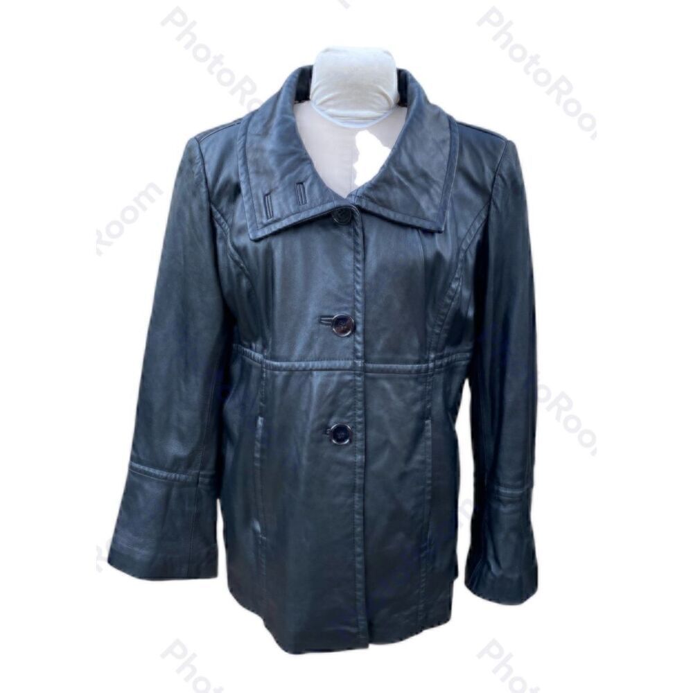 Leather Coat by Genealogy Black Sz. L Set-In Waist 3-Button Front Pockets Collar